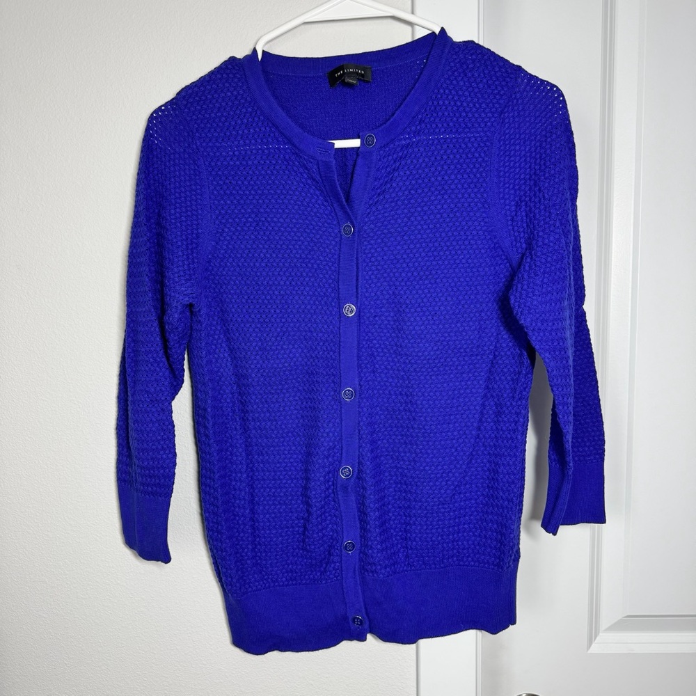 The Limited Cardigan Size Medium Royal Blue Purple Open Knit 3/4 Sleeves Sweater